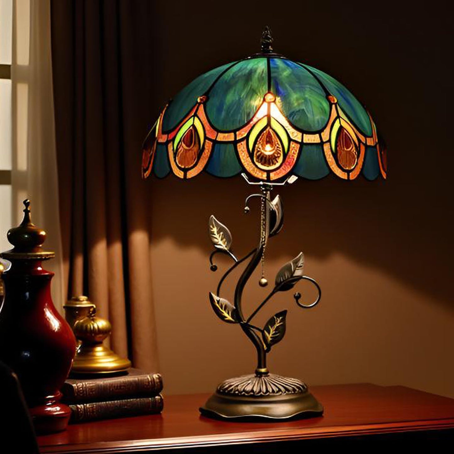 HWDFEI Tiffany Table Lamp, Stained Glass Style Desk Lamp, 12X12X19 Inch,Bedside Reading Light, Metal Leaf Base（Peacock Crystal Style