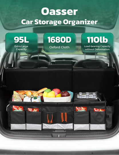 Oasser Trunk Organizer with Cooler Bag 95L, Bearing 110lb No Deformation, Collapsible with Multi Compartments, Removable Insulated Bag, Foldable Lid, Non Slip Bottom, 2 Adjustable Straps (Black&Grey)