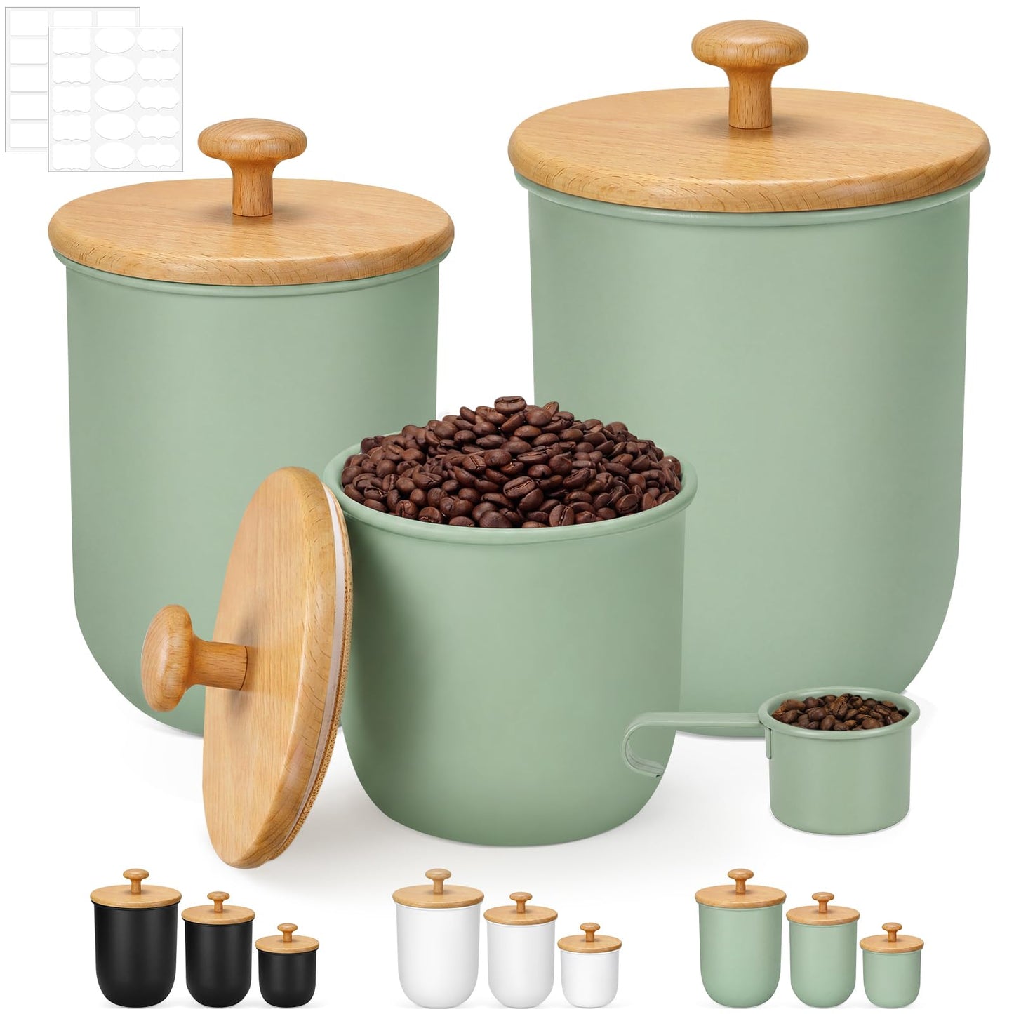 Remerry Metal Kitchen Canisters for Countertop Set of 3 Sugar Flour Canisters Set with Airtight Bamboo Lids Kitchen Jars with Spoon DIY Labels for Coffee, Tea, Spice, Sugar, Salt(Sage Green)