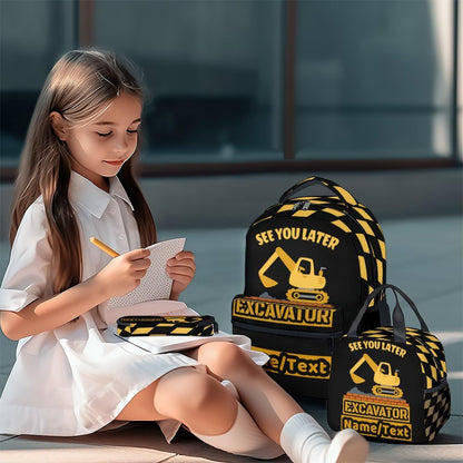 PoshWrap Personalized Excavator Backpack with Lunch Box - Set of 3 Custom Backpacks Matching Combo - Utility Black Bookbag and Pencil Case Bundle