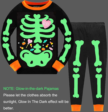 Tkria Kids Pajamas for Girls Skeleton Glow-in-The-Dark Cotton Sleepwear Toddler Clothes Halloween Outfit Size 1-12T