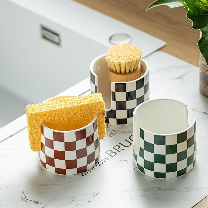 Checkered Sponge Holder for Kitchen Sink, Ceramic Dish Sponge Drying Caddy