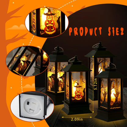 Blinket Halloween Lanterns Decorations 4 Pack, Battery Operated Black Pumpkin Witch Lanterns, Flickering Light for Indoor Party Home Decor
