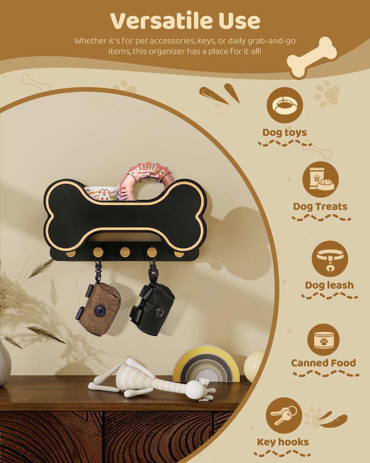 MTERSN Decorative Dog Leash Holder for Wall - Dog Stuff Organizer and Doggie Bone Key Holder Wall Mount with 5 Cute 3D Puppy Paw Hooks & Storage Shelf - Apartment Essentials (Black)