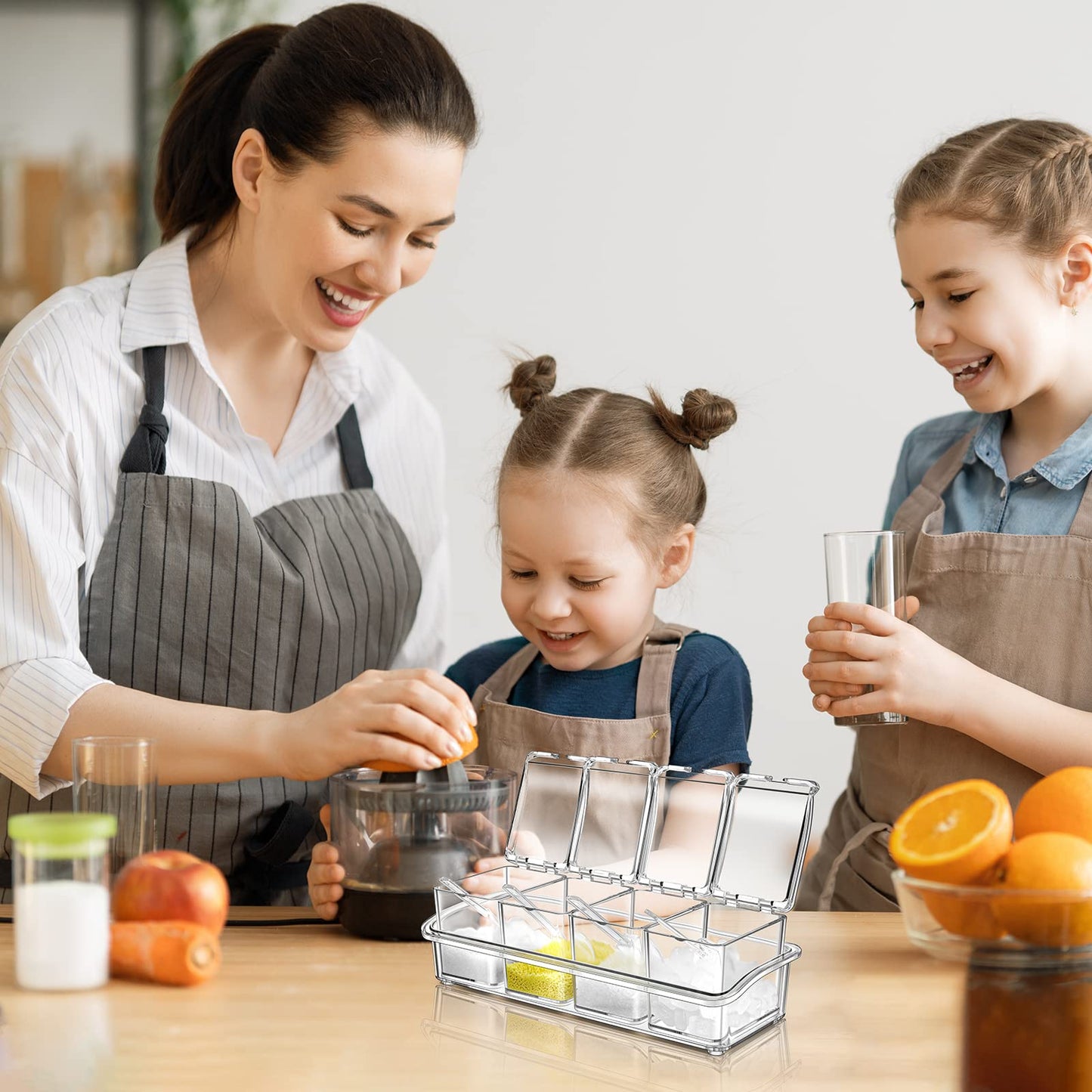 Bokon 4 Set Acrylic Seasoning Box with Spoons, 16 Compartments Clear Spice Organizer, Kitchen Condiment Containers with Lids for Salt, Sugar, Candy