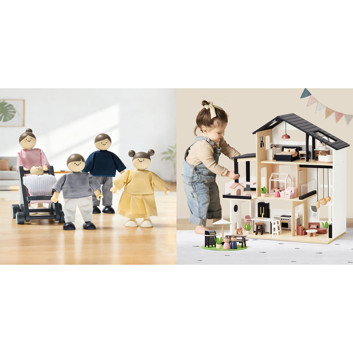 Tiny Land Modern Wooden Dollhouse & 5-Piece Poseable Wooden Doll Family People Set