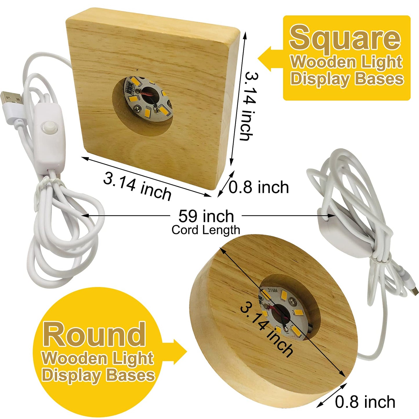 Voaesdk 2PCS LED Lights Display Bases for Resin Mold,3.14 Inch Square & Round Wooden Lighted Base Stand for 3D Laser Crystal Glass Resin Art
