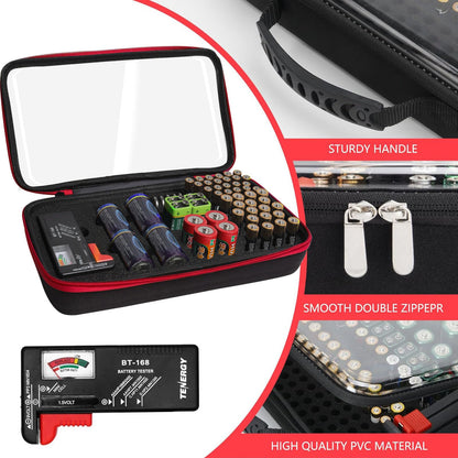 Yuecoom Battery Organizer Storage Box with Tester, Waterproof Organiser,Transparent Lid Holds Multiple Batteries, Portable Battery Organiser for Home, Travel and Gifting