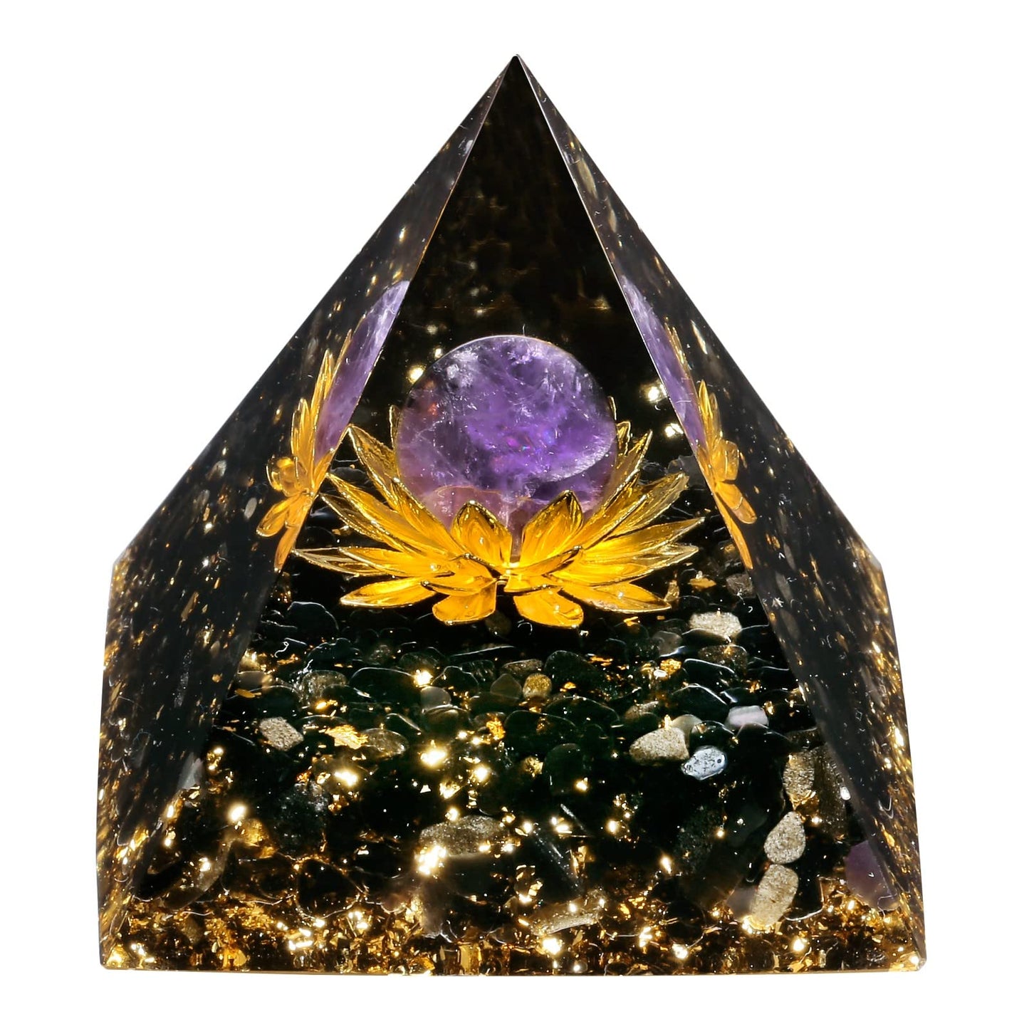 SUNYIK Crystal Sphere Orgone Pyramid with Black Obsidian Tumbled Stones and Golded Lotus Base Energy Generator for Meditation Office Home Decoration, Amethyst Crystal Stone