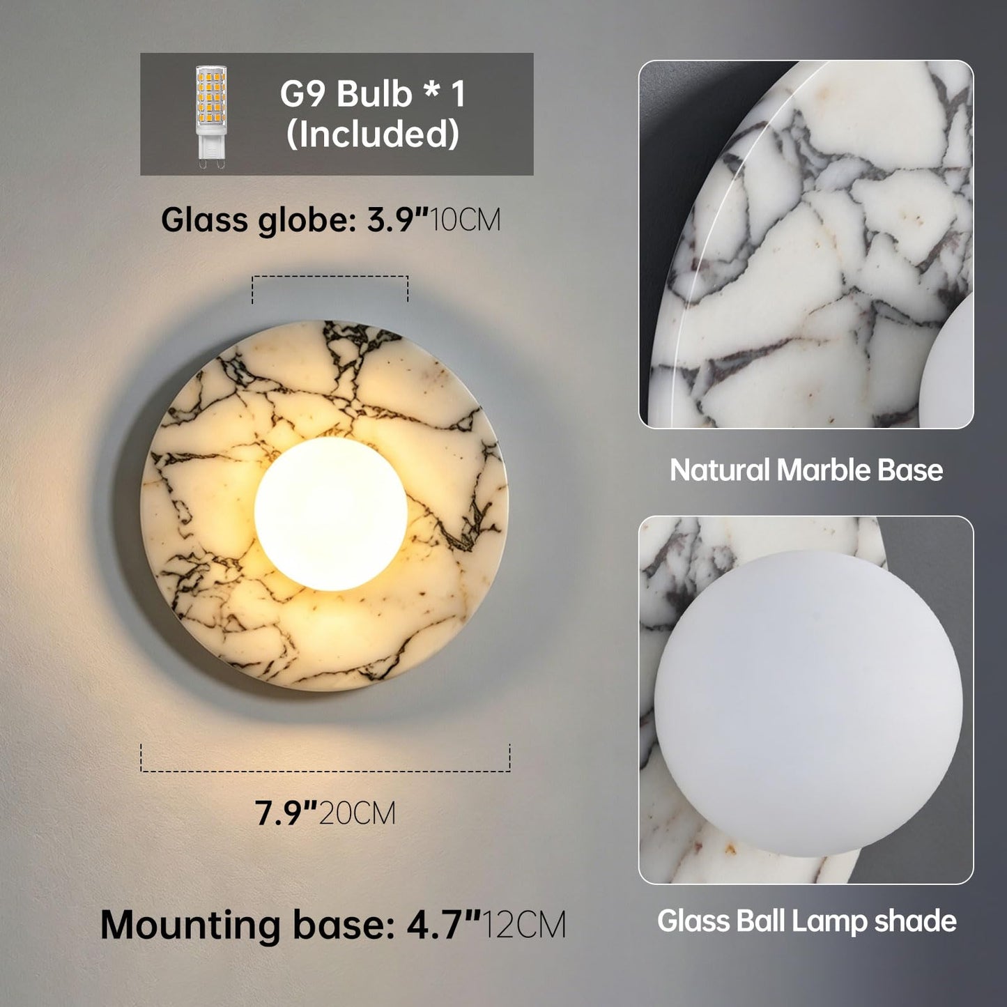 YMDHFS Natural Alabaster Wall Sconce White Marble Sconce with Glass Globe Mid Century Marble Stone Wall Mount Lamp Hardwired for Living Room Dining Room Stairs Bedroom Cafe Hallway