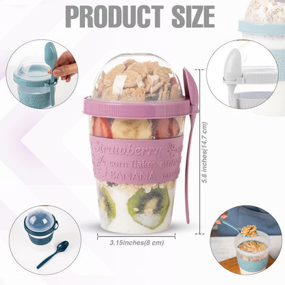 EYNEL 4 Pack Reusable On The Go Yogurt Parfait Cups, Breakfast Plastic Containers with Lids and Spoons, Perfect Jars for Overnight Oats Cereal Granola Oatmeal Smoothies and Snack Prep