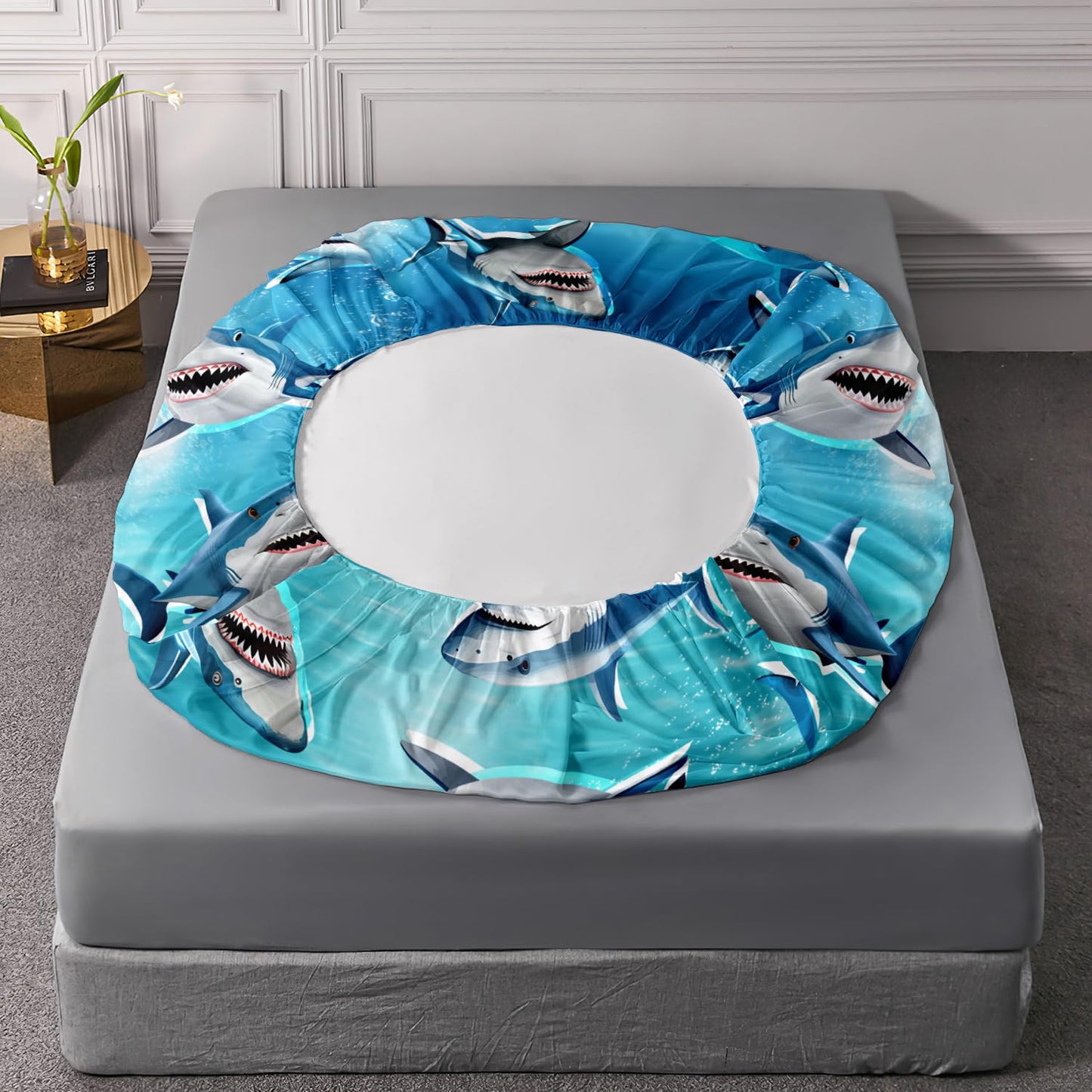HOSIMA Teens Shark Print Fitted Sheet Set Twin Size,Shark Swimming in The Underwater World Pattern Bedding Sets,Ocean Animal Theme Fitted Sheet for Kids Boys Room Decor,1 Fitted Sheet+2 Pillowcases.
