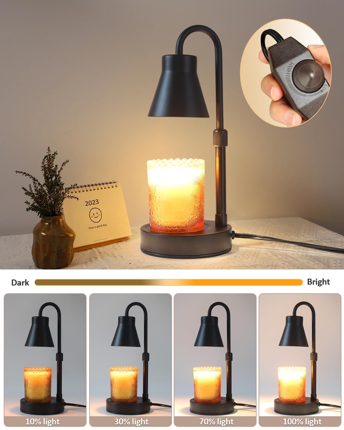 Elenhome Candle Warmer Lamp with Adjustable Height, Stepless Dimming Function-Home Decor Lamp, Metal Candle Lamp for Jar Candles, No Flame Scented Candle Warmer with 2 Bulbs (Black)