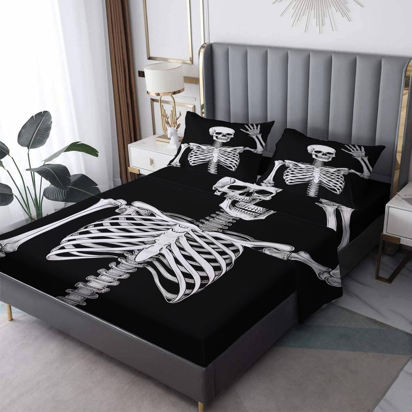 King Size Sheets Set - Funny Skeleton Bed Sheets, Black and White Bedding Sheets & Pillowcases, Soft Microfiber & Deep Pocket & Wrinkle Free Sheet Set, 1 Fitted Sheet, 1 Flat Sheet, 2 Pillow Cases