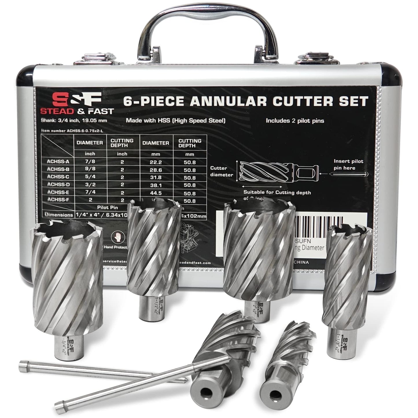 S&F STEAD & FAST Annular Cutter Set 6 Pcs, 2” Cutting Depth, 7/8”, 1-1/8”, 1-1/4”, 1-1/2”, 1-3/4”, 2” Cutting Diameter, 3/4” Weldon Shank, HSS M2AL Mag Drill Bits Kit for Magnetic Drill Press