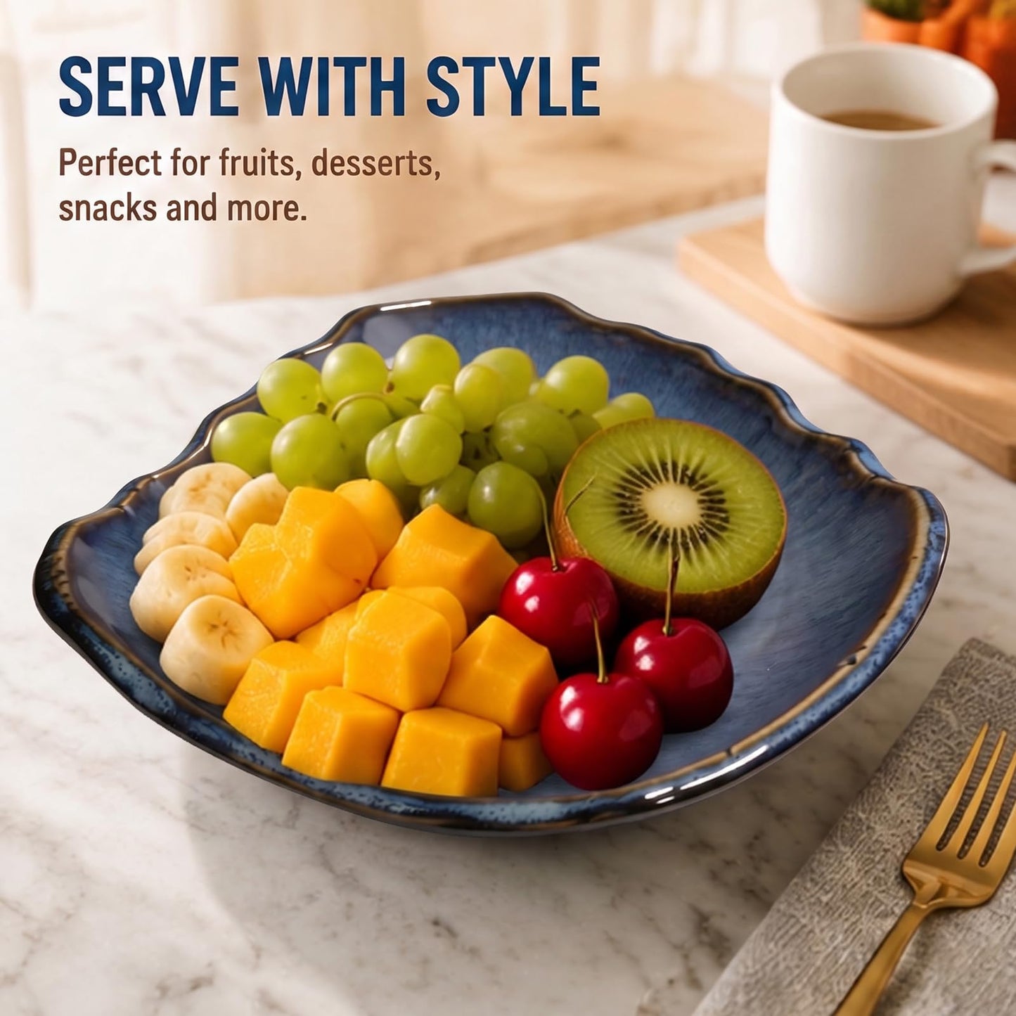 Konnieem Blue ceramic bowl, 10.6-inch wavy-rimmed bowl with a textured kiln-change glaze finish, ideal for serving fruit and desserts or as a decorative piece for the home