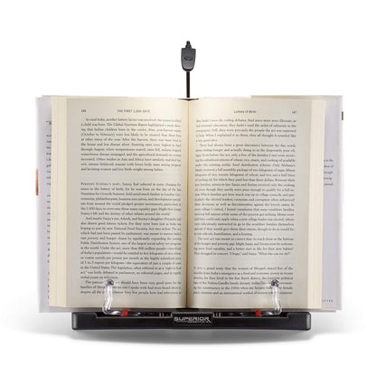 Superior Essentials Book Stand for Reading Hands Free - Recipe Book Cookbook Holder Stand for Kitchen Counter and Page Clips - Ideal for Textbooks, Cookbooks, and Devices