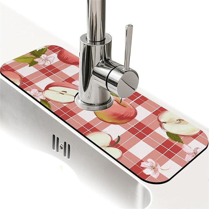 Kitchen Sink Splash Guard，Apple-on a checkered Faucet Mat Sink Gadgets-Super