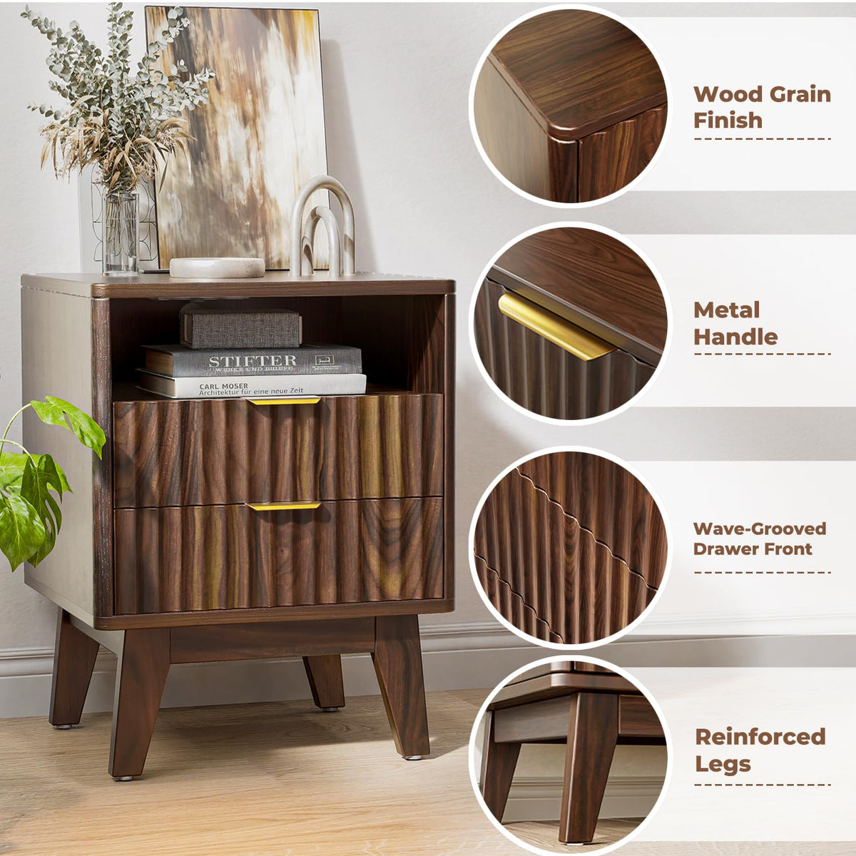 Fluted Nightstand with Charging Station, Modern Bedside Table with 2 Drawers, End Table with Open Storage for Bedroom, Living Room, Walnut