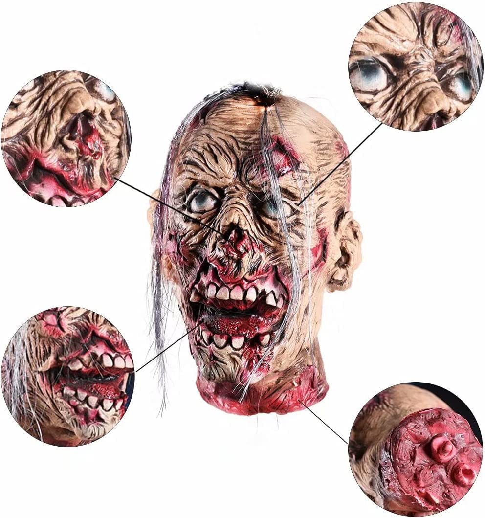 Halloween Decoration Props, Scary Hanging Severed Head Life-Size Bloody Latex Zombie Head for Haunted House Halloween Party Yard Bar Decor