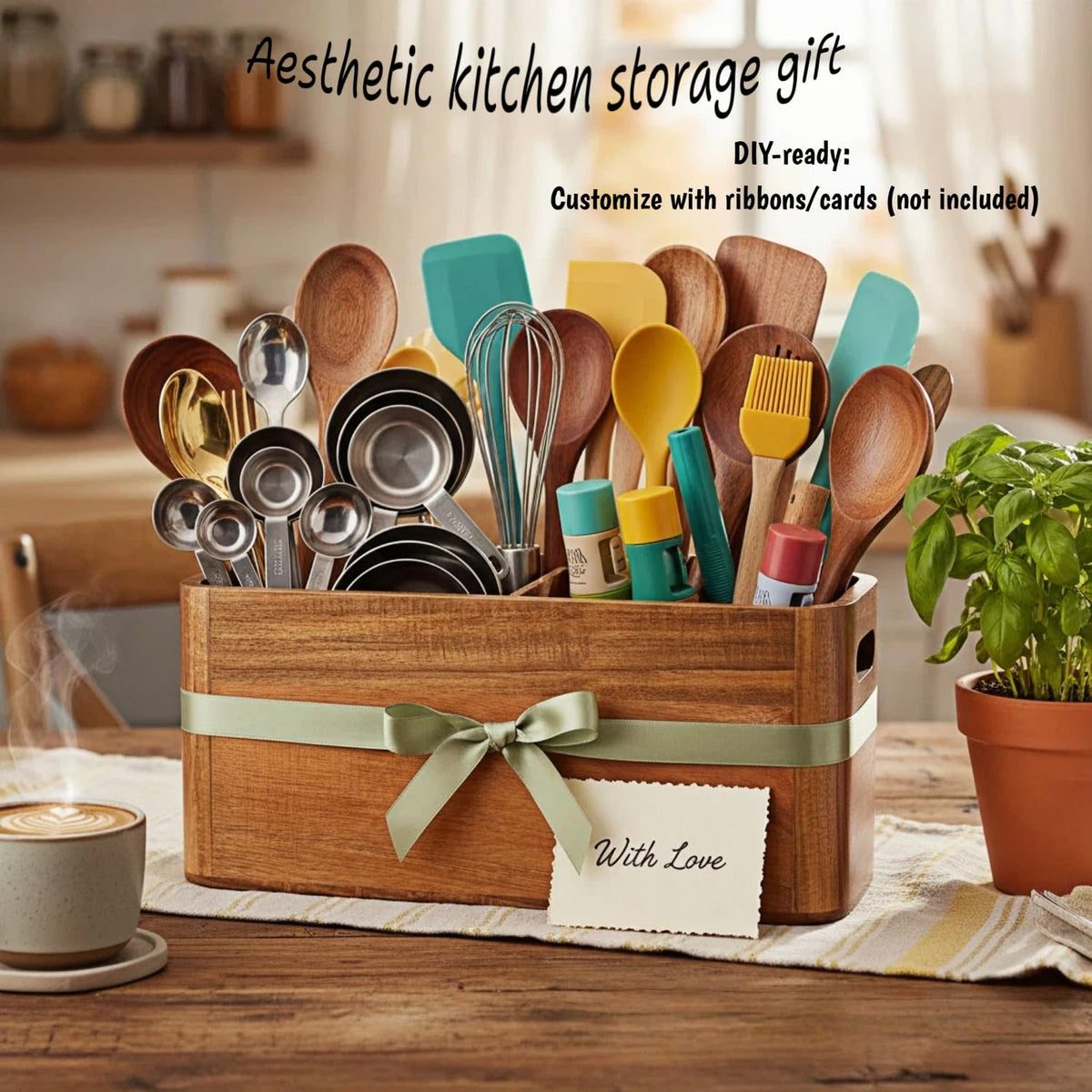 ZKMLMHJ Large Wooden Utensil Holder for Kitchen Countertop - 4 Compartment Acacia Wood Organizer & Utensil Caddy for Cooking Tools, Wall Mountable