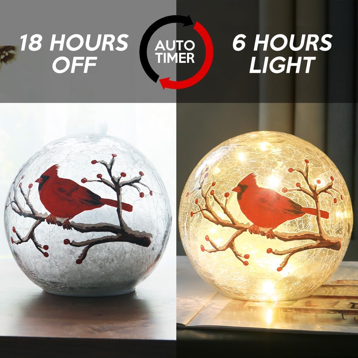 Crackle Glass Ball Cardinal Lamp with Timer, Light Up Red Cardinal Stained Glass Christmas Decor Accent Lamp, Lighted Red Bird Globe Glass Table Lamp, Orb Cardinal Night Light 2 Pack (6in & 5 in)