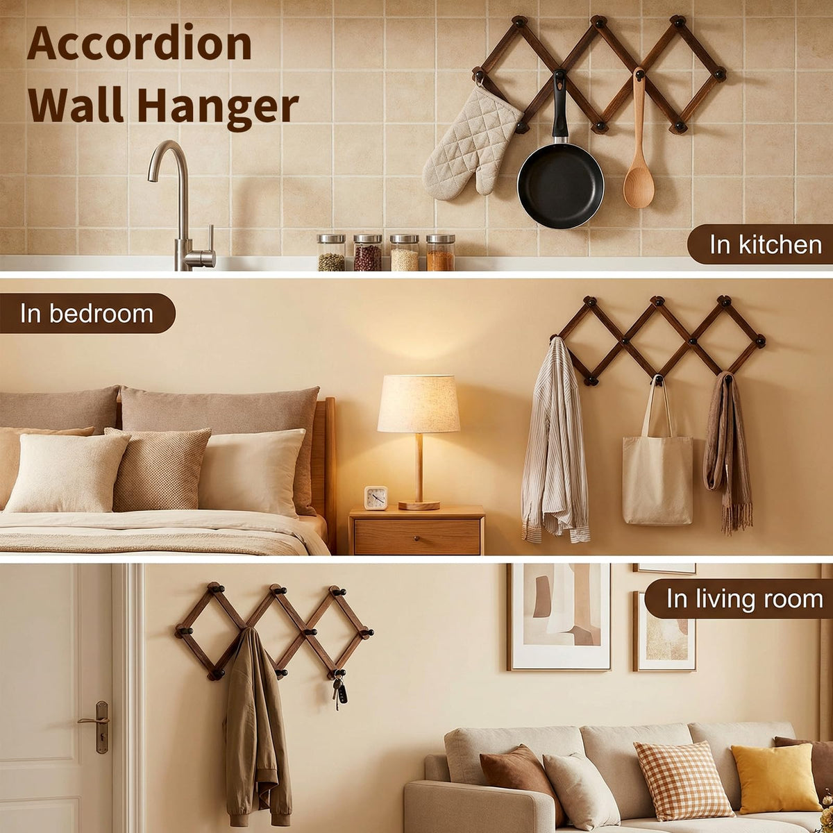 kenaeooe 4 Pcs Accordion Wall Hanger Expandable Hat Rack for Wall with 8 Peg Hooks X Shape Wooden Coat Rack for Hats, Coats, Scarves, Jackets, Purses, Keys, Mugs, Rustic Natural Wood