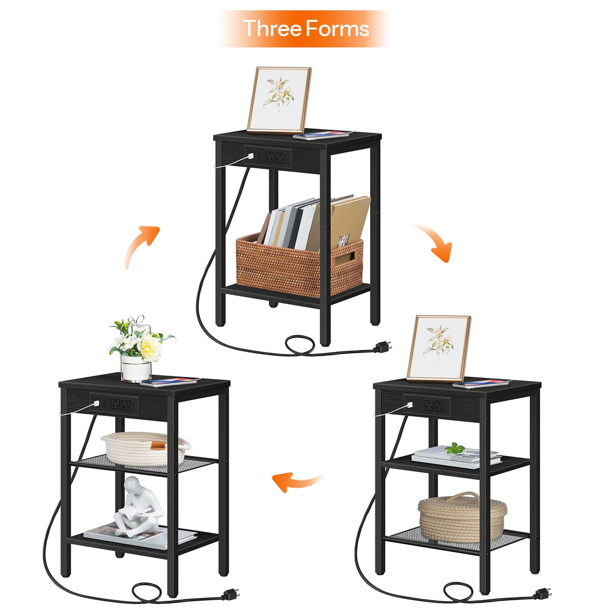 HOOBRO Side Table with Charging Station and USB Port, Small End Table for Small Space, 3-Tier Nightstand with Adjustable Shelf, for Living Room, Bedroom, Black BB112BZ01