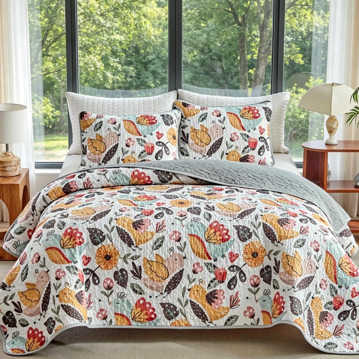 SANOCAY Boho Floral Quilt Set Queen Size, 3 Piece Lightweight Summer Bedding Set with 2 Pillow Shams, Soft Reversible Microfiber Bedspread, Farmhouse Coverlet for All Season (Bird, Queen)