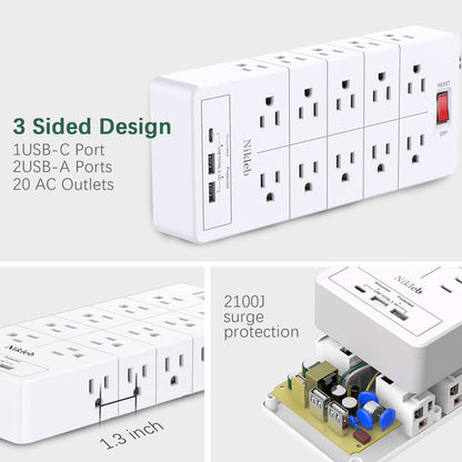 Power Strip 23 in 1, 20 Outlets Surge Protector Wall Mount with 2 USB+1 USB C Ports, Multi Plug Extension Cord 6ft Heavy Duty, Accessories for Gaming, Studio, Home, Office, Desk Organizers