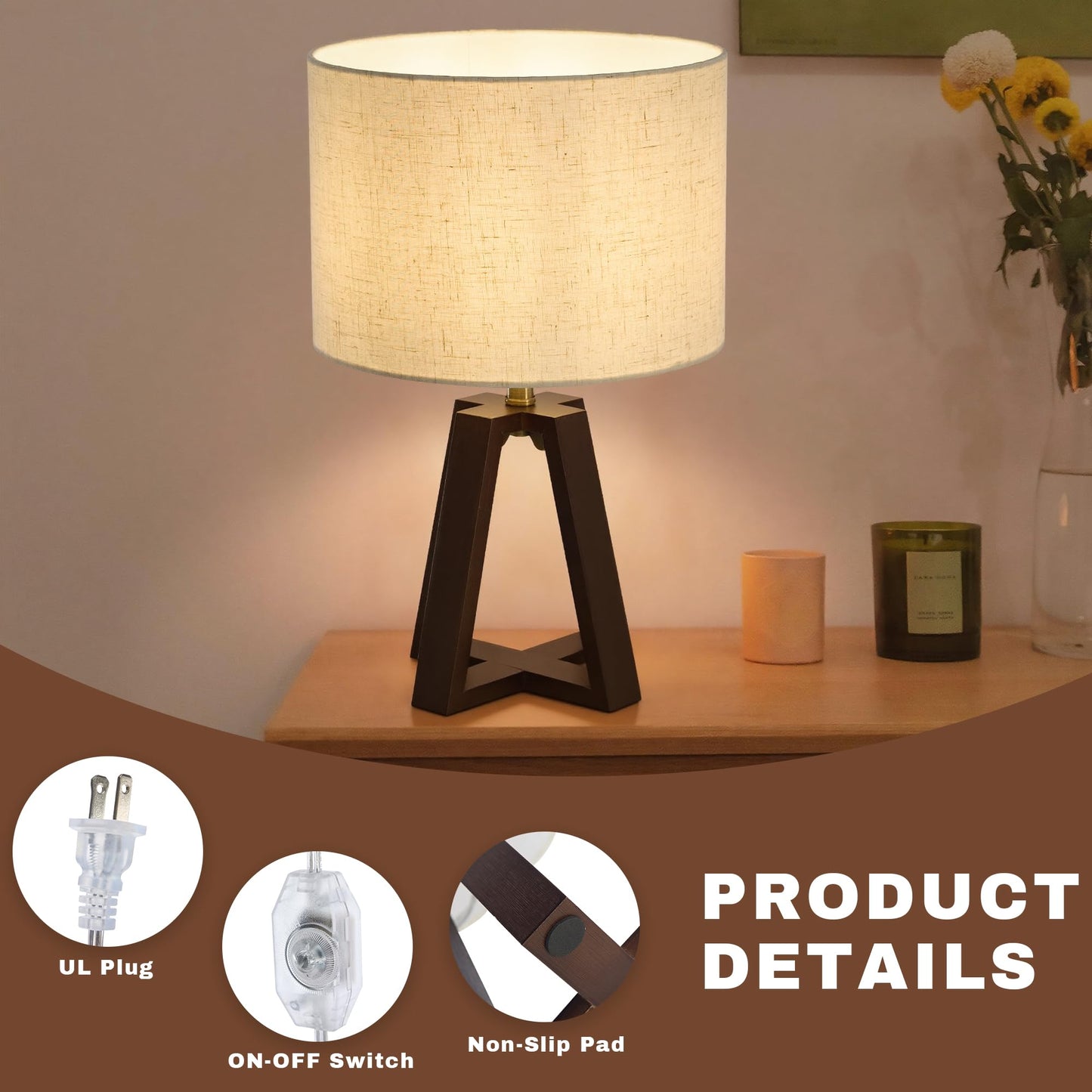Booniture Cross-Base Table Lamp, Small Bamboo Bedside Lamp with Beige Linen Lampshade, Boho Modern Nightstand Lamp for Bedroom Living Room Office,E26 Socket (Walnut Color)