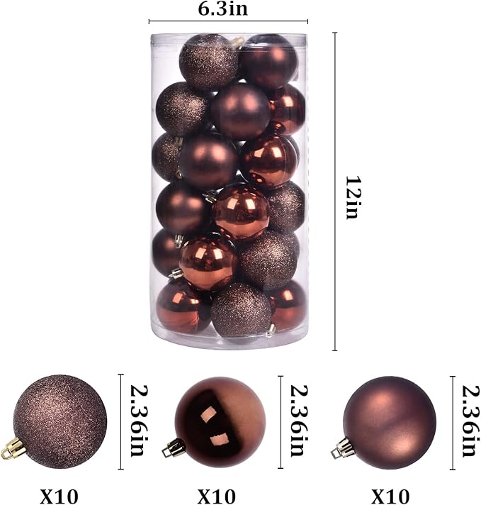 30ct Halloween Ball Ornaments, 2.36" Shatterproof Tree Decorations, Perfect Hanging Ball for Indoor/Outdoor Holiday Christmas Party Decor (Brown)