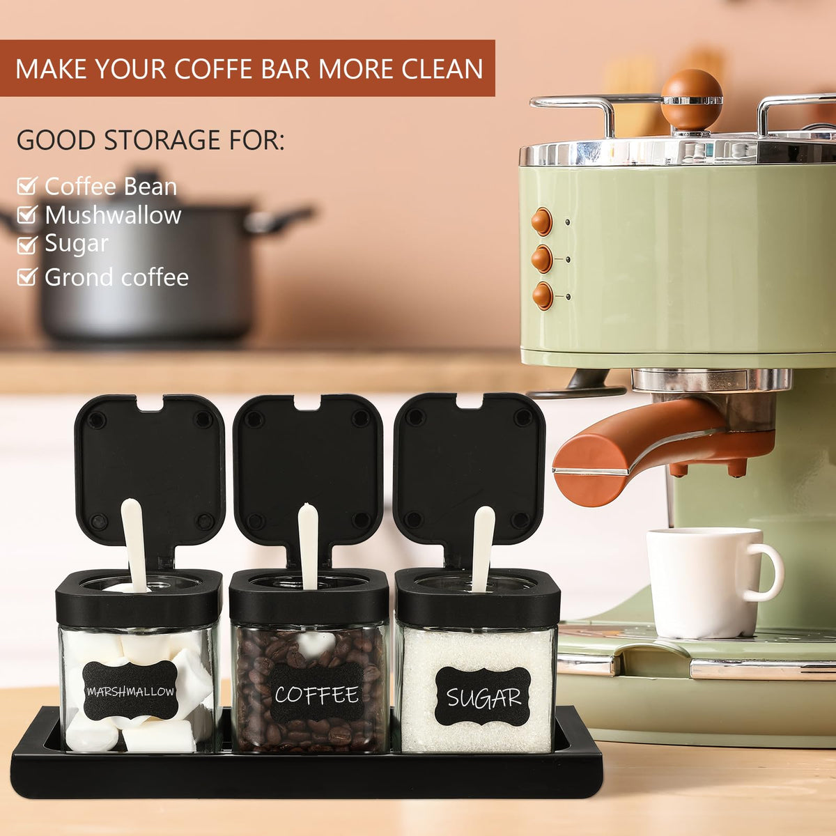 Suclain 3 Pcs Glass Coffee Containers Coffee Station Organizer Set, Airtight Bean Storage Jars with Shelf,labels,spoon, Base and Pen,for Sugar, Candy, Oats, Nuts(Black)