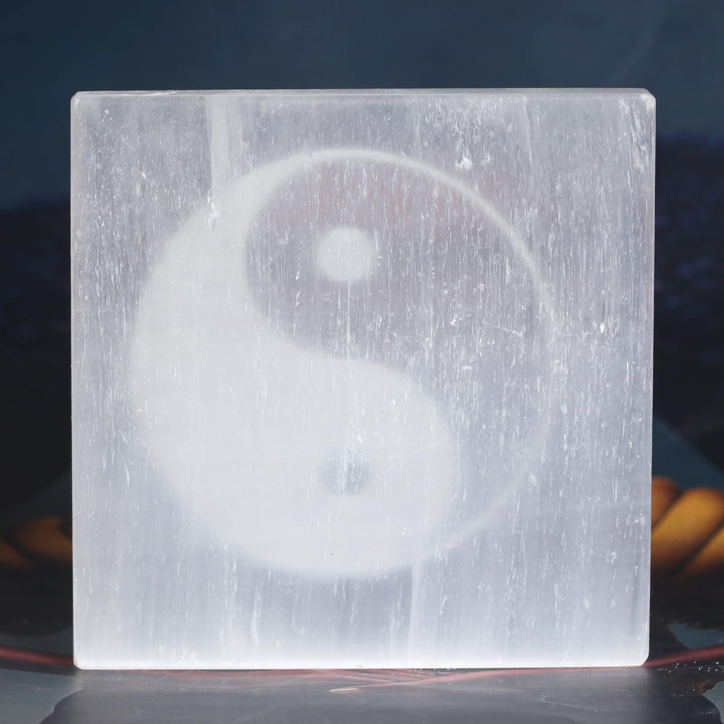 GEMHUB 500 Carat Yin Yang White Engraving Selenite Chakra Slab Energy Plate Coaster Natural Selenite Energy Booster for Yoga