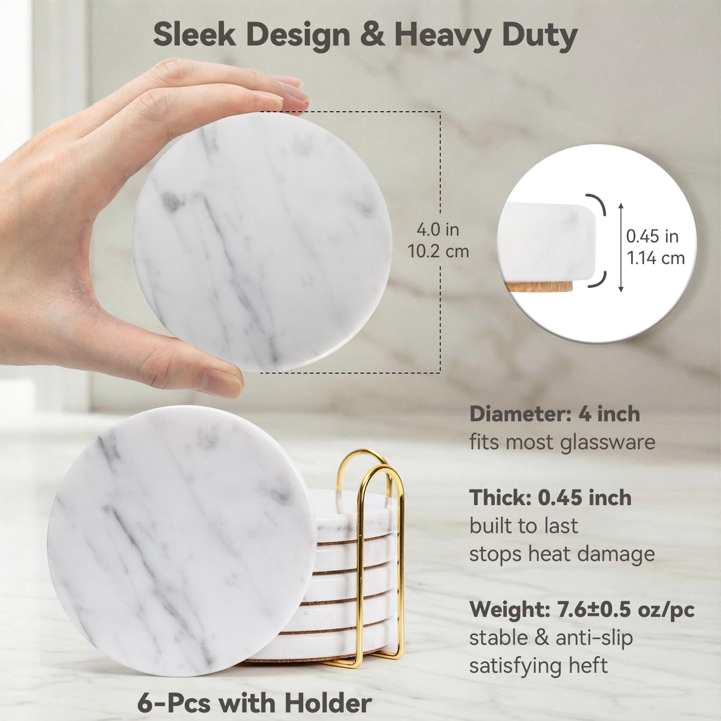YONGHEE Soft White Marble Coasters Set of 6 with Holder, Elegant Drink Coasters for Coffee Table, 4" Polished Natural White Stone Coaster with Grey Veins - Heat Resistant, Non-Slip, Housewarming Gift