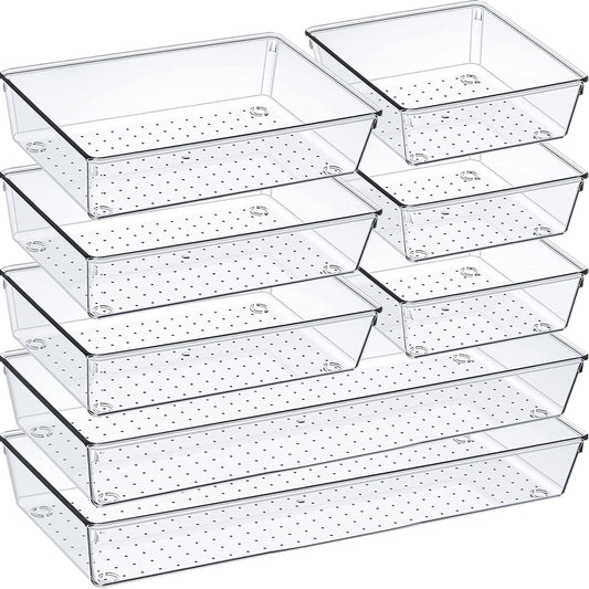 Criusia 6 Pcs Large Size Clear Drawer Organizer Set, Acrylic Non Slip Non Cracking Kitchen Drawer Storage Tray Divider, Multifunctional Storage for Cosmetics, Bathroom, Tools, Kitchen and Office