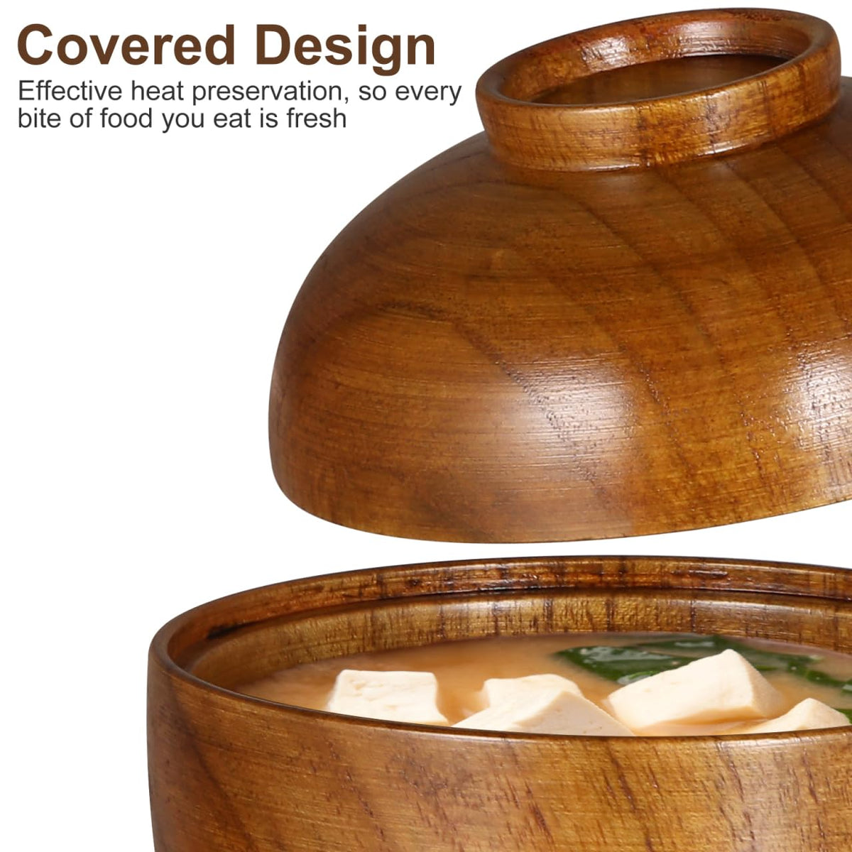 Baluue Japanese Style Wooden Rice Bowls with Lids Set of 2 3.93In Small Soup Serving Bowls for Salad Miso Soup and Snacks Lightweight Tableware for Home and Restaurant Use