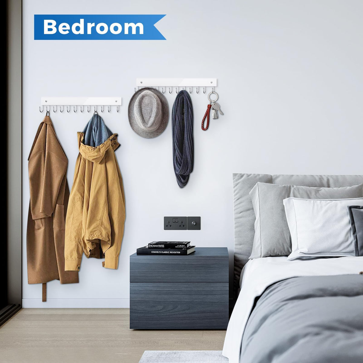 Belt Hanger Wall Mounted, Wooden Coat Rack Belt Organizer 2 Pack Max 24 Storage Capacity, 180° Rotating Space Saving Hangers for Ties, Tank Tops, Scarves, Bras, Keys, Bags White