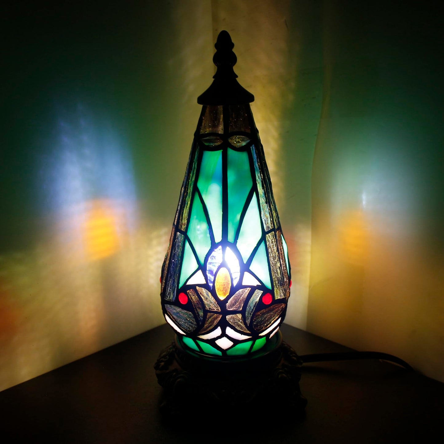 TCODTPOL Small Tiffany Lamp Stained Glass Table Lamp 5.5X11 Inch Christmas Tree Lighthouse Mini Accent Memory Sympathy Antique Night Light for Bedroom Living Room (Green Liaison)