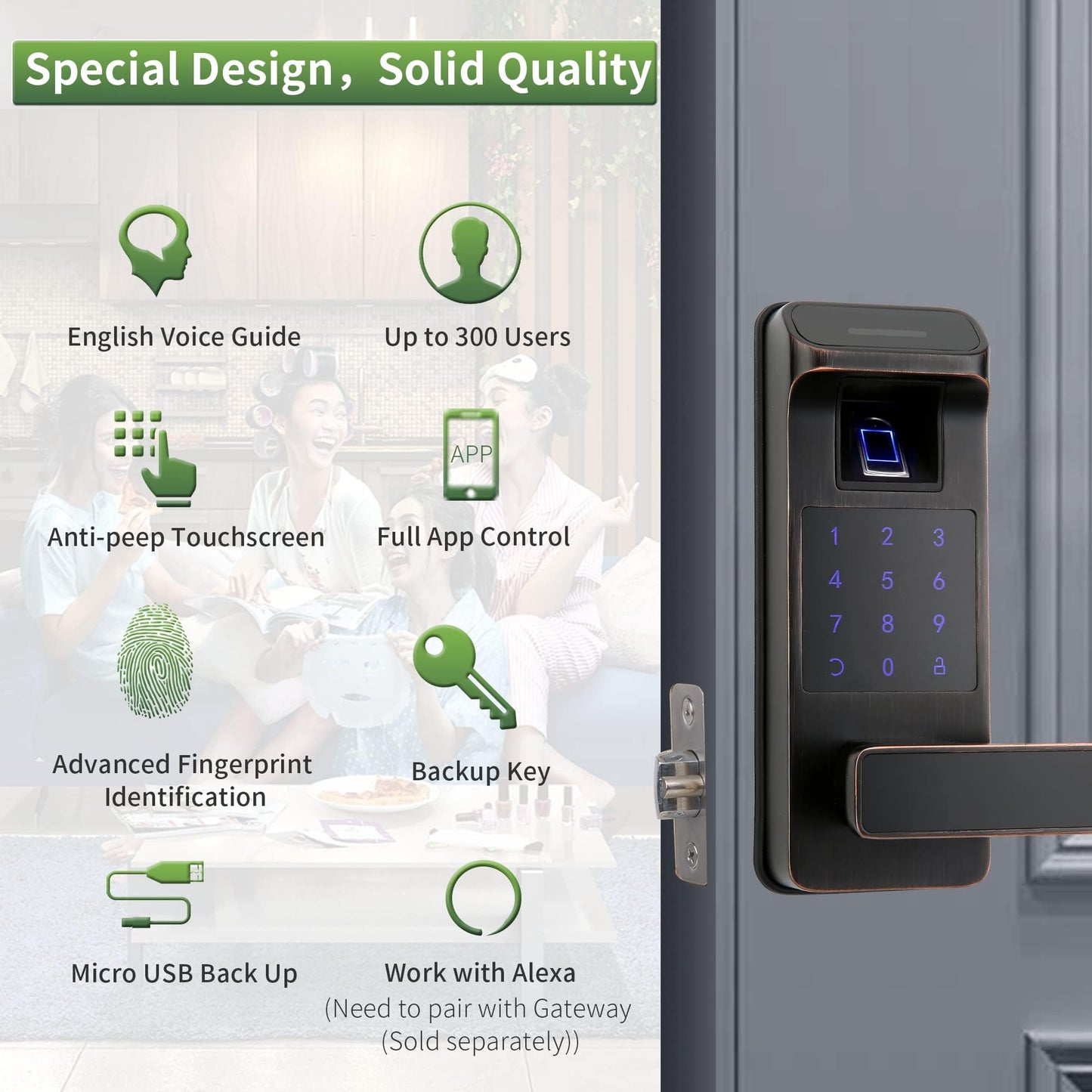 Harfo Smart Door Lock, Heavy Duty 5 in 1 Keyless Entry Door Lock, Full App Control Digital Keypad Lock, Reversible Handle with Fingerprints and Passcodes for Family/Office/Apartment (Gold)