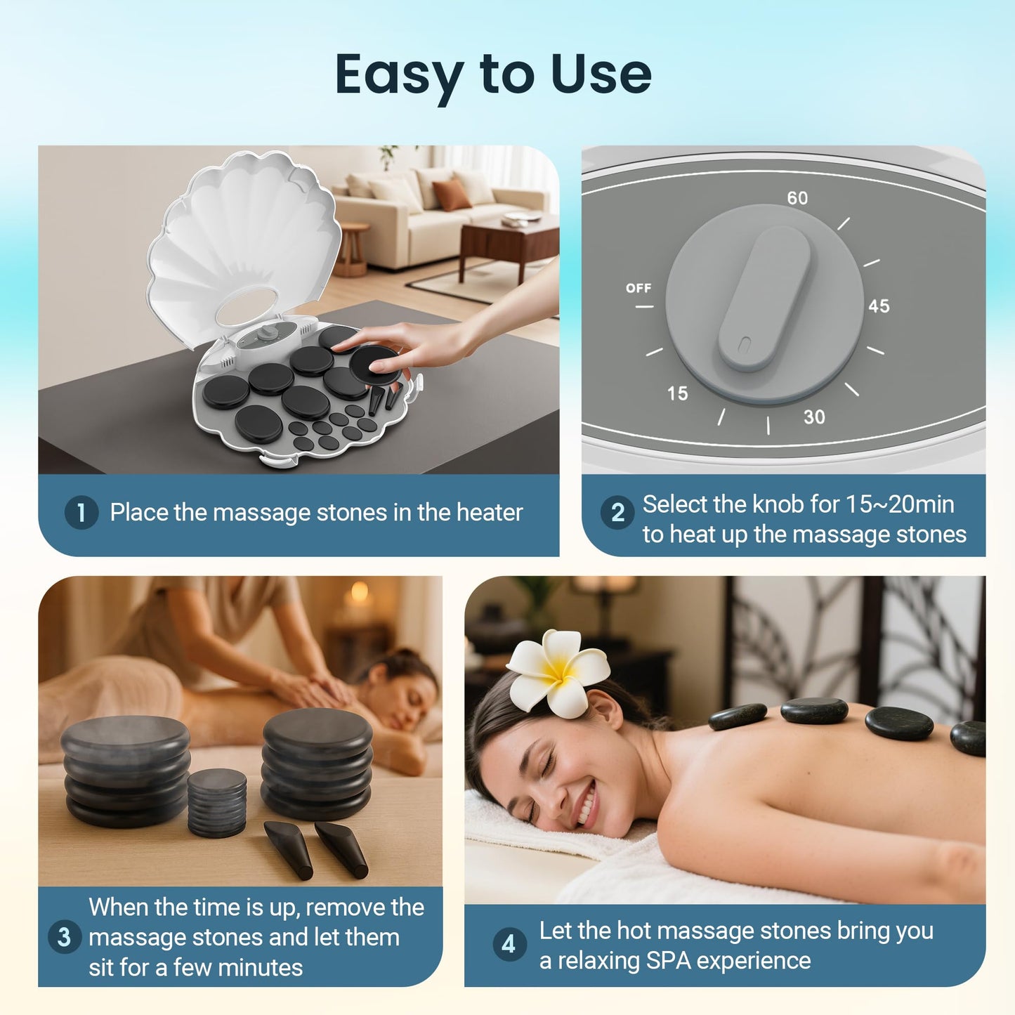 StateRiver Shell Hot Stones Massage Set, 18-Piece Basalt Hot Stones with Heater Kit, Featuring an Elegant Seashell Design for Spa Use. Perfect for Relaxation, Healing, and Pain Relief. （White）