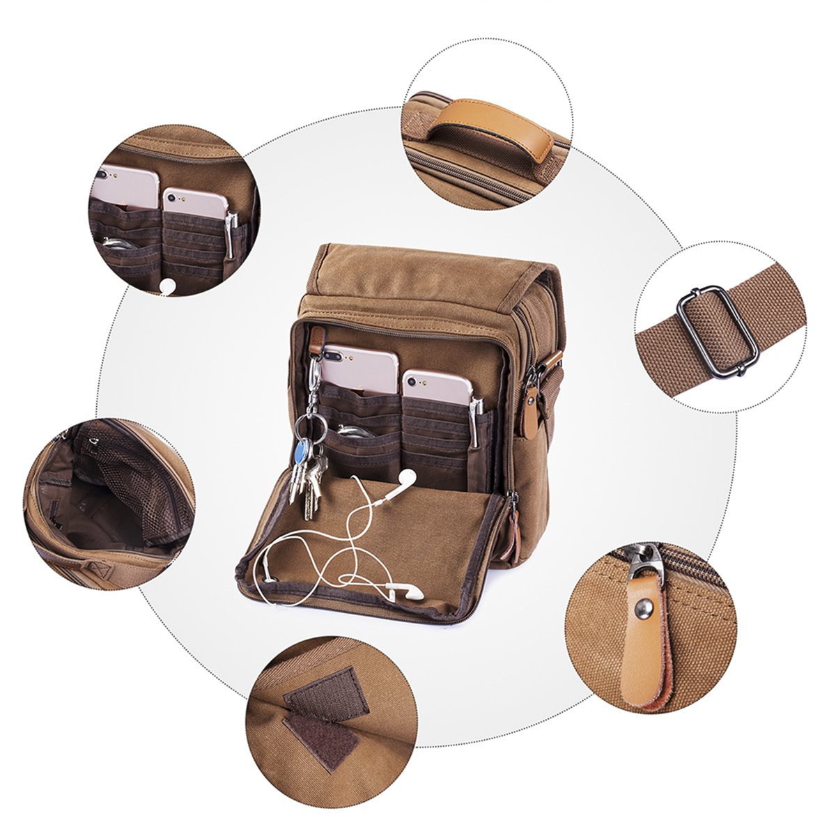 CHEREEKI Canvas Bag, Shoulder Bag Messenger Bag with Multiple Pockets (Hold 10 inch Tablet, Kindle)