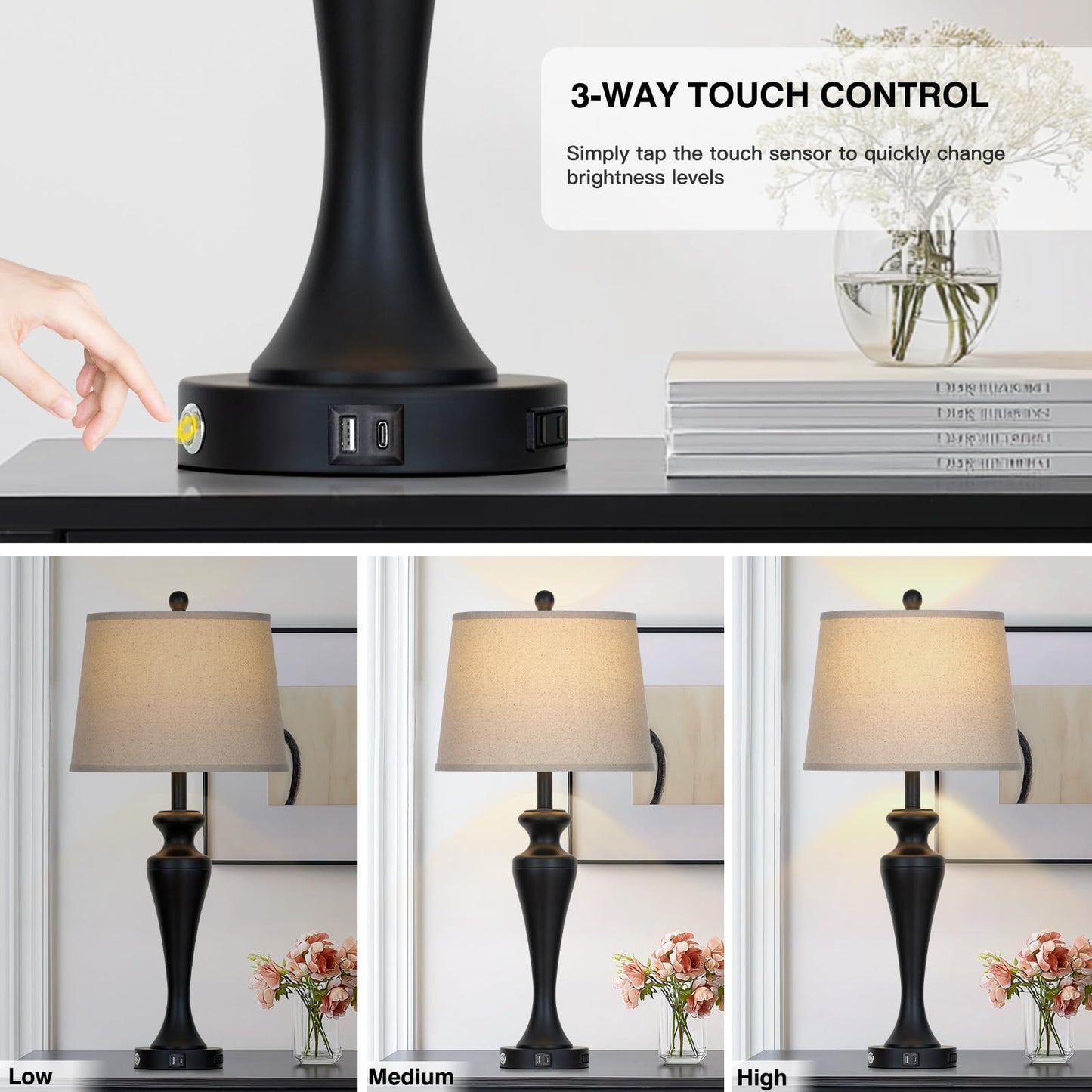 luxeflow 30 Inch Black Table Lamp Single, 3-Way Dimmable Touch Control Living Room Lamps with USB A+C Ports and AC Outlet, Tall Bedside Lamps for Nightstand, Modern Metal Bedroom Lamp, Bulb Included