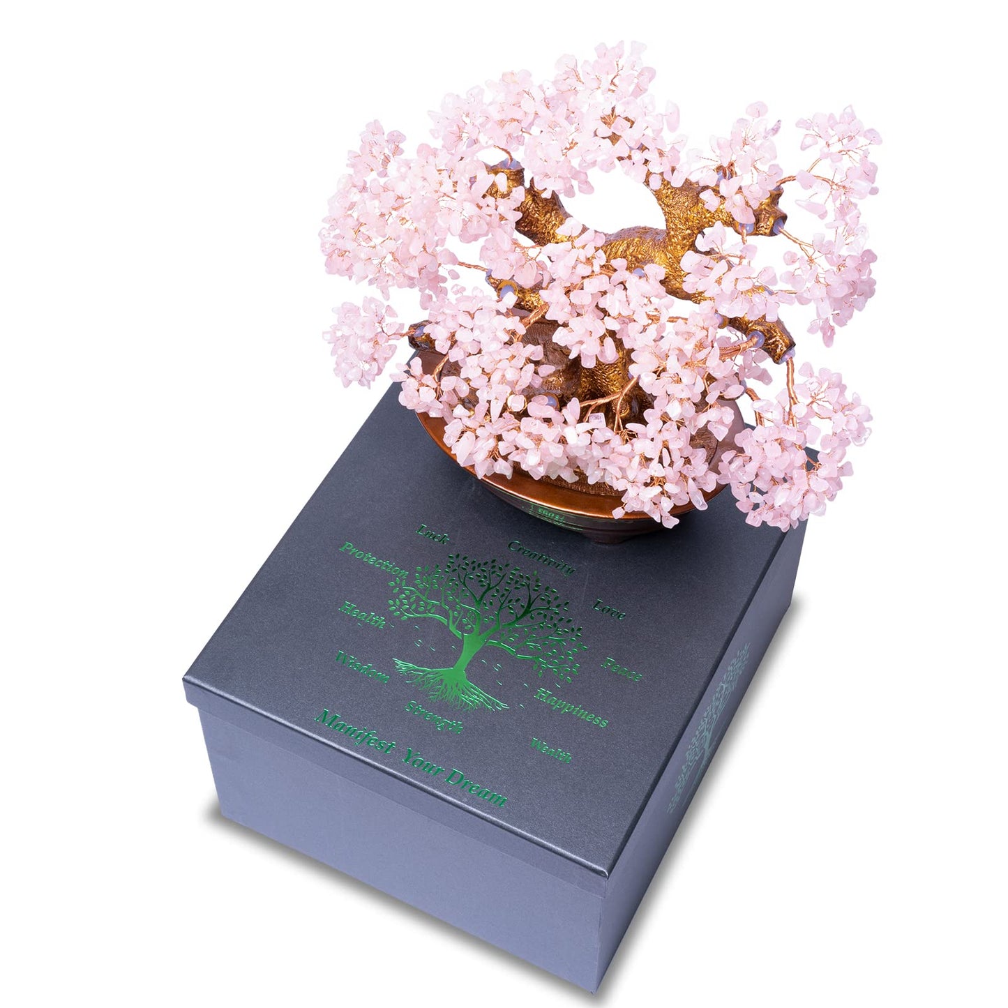 GEMBOURY Natural Rose Quartz Tree Large,14" Chakra Crystal Tree(1,251 Gemstone Count) w/Lucky Coins Chain Healing Properties - Bonsai Feng Shui Money Tree for Love Self Care Home Office Decoration