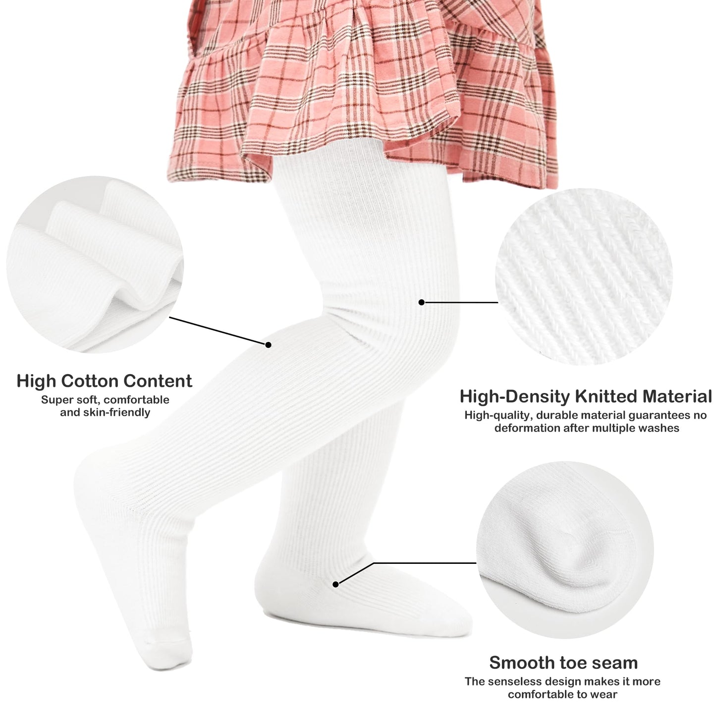 Stelle Toddler Girls Tights Baby Seamless Knit Thick Cotton Leggings Pantyhose(Infants/Kids/Childern)(White,3XS)