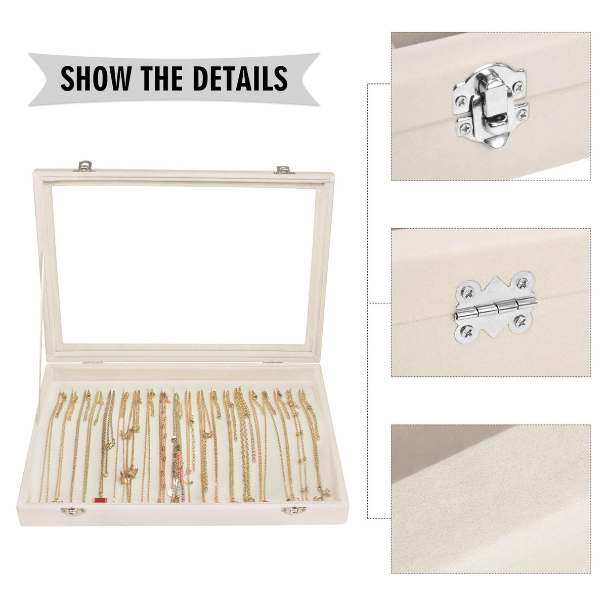 Siveit Necklace Organizer Box Premium 20 Hooks Velvet Necklace Display Jewelry Tray with Transparent Lid Jewelry Necklace Display Box for Necklace Pendants Suitable for Women and Girls (Beige)