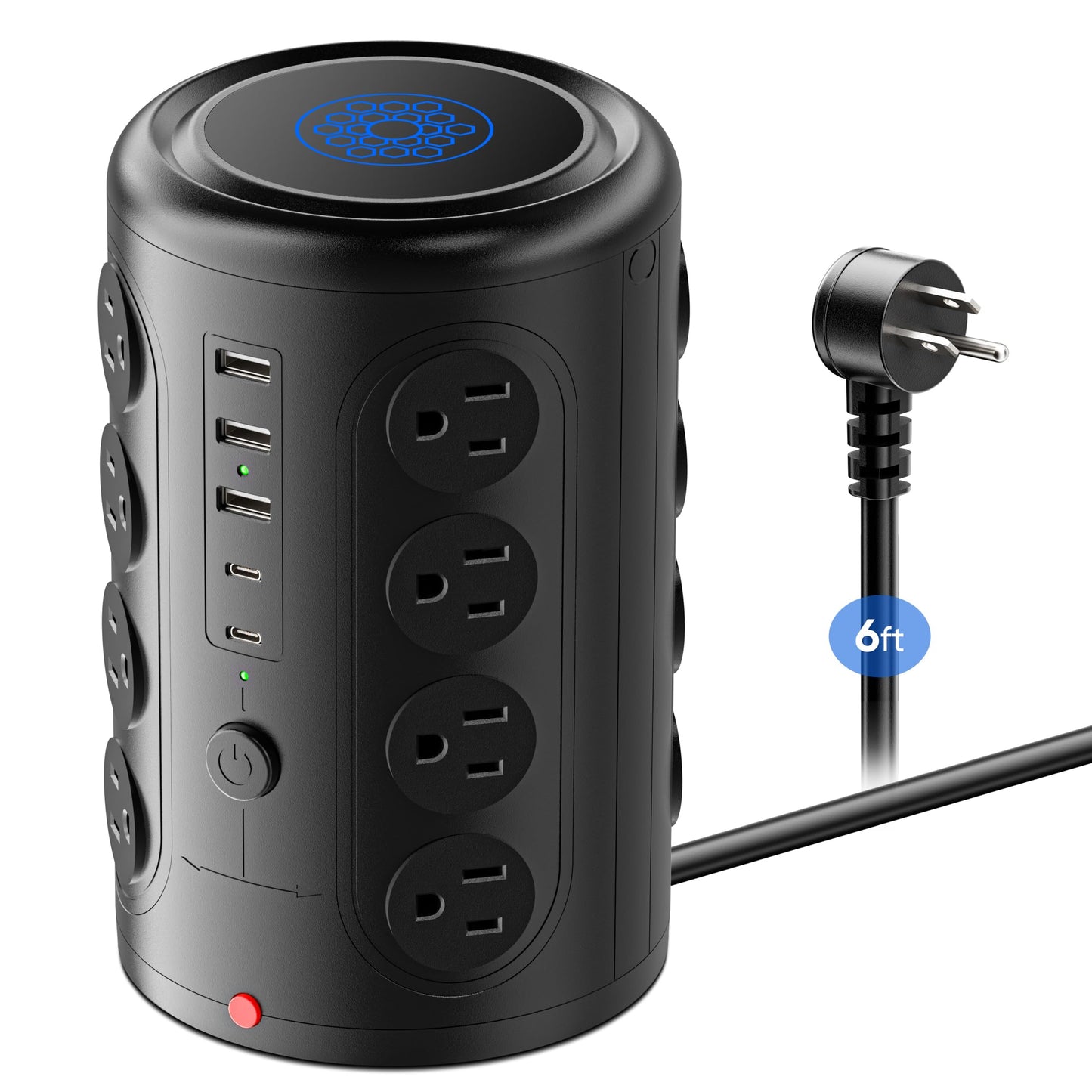 Surge Protector Power Strip 10 FT Cord, TenTrend Vertical Power Tower with 16 Outlets and 5 USB Ports (2 USB-C), 1875W 2000J Charging Station for Home Office Desk, Dorm Room Essentials, Black