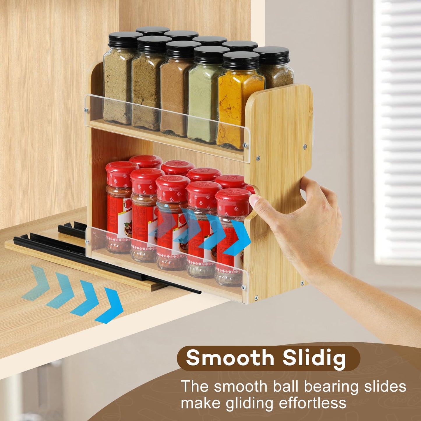 Memxike 2 Tier Pull Out Spice Rack Organizer, Bamboo Sliding Spice Rack for Kitchen Cabinet, (4.4" W x 10.6" D x 10.4" H) Spice Storage, Pantry Organization