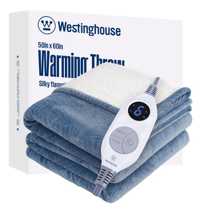 Westinghouse Heated Throw Blanket, Flower Jacquard Electric Blanket Throw with 6 Heating Levels and 2-10 Hours Auto-Off, Flannel to Sherpa Super Cozy Heated Blanket, Machine Washable (50" x 60" Beige)
