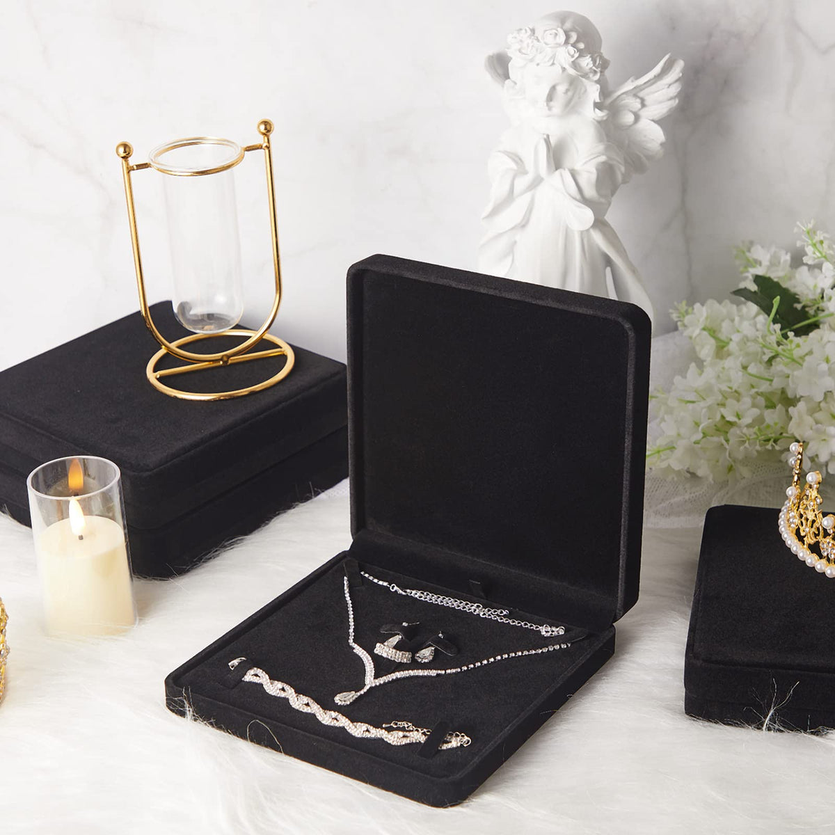 Yinkin 6 Pcs Velvet Jewelry Set Box Jewelry Display Case Earring Ring Bracelet Necklace Gift Box Pearl Necklace Storage Case for Mother's Day Wedding Travel Anniversary(Black)